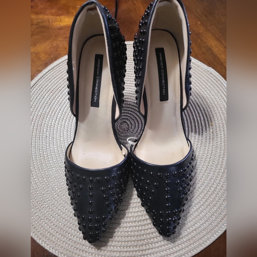 French Connection Black Studded Vegan Leather Heels Pumps Size 8